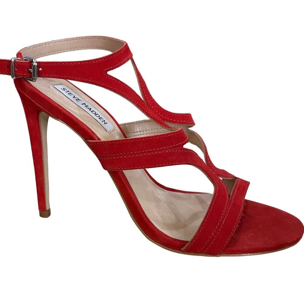 Steve Madden Sidney Red Suede‎ Strappy Heels Size 8.5 Made in Brazil - Picture 8 of 10